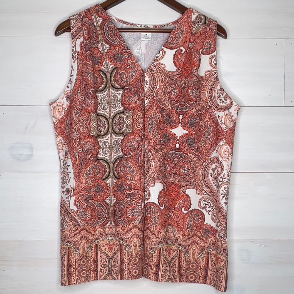 Skye's the Limit Orange and White Sleeveless V-Neck Tank Top Paisley Boho Medium
